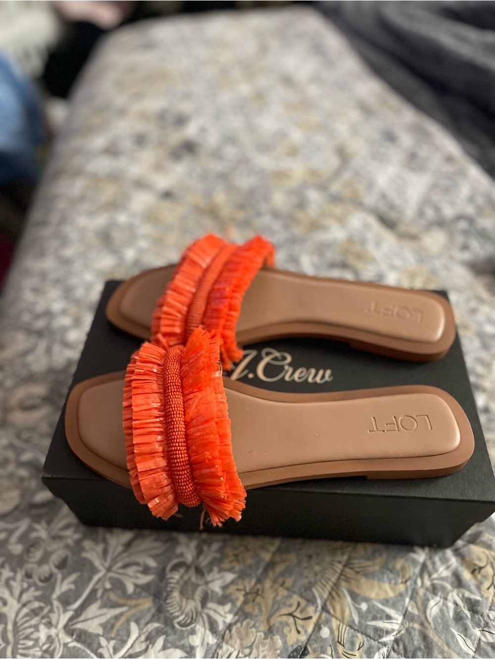 LOFT Orange Raffia Fringe Slide Sandals Size 9.5M